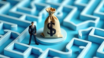 Overcoming financial barriers, financial concept: a businessman contemplating how to navigate a maze puzzle with a money bag, aiming to avoid a financial crisis.