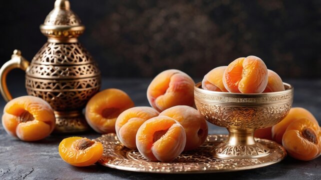 Middle Eastern traditional Ramadan Kareem drink Qamar Al-Din. Rolled dried apricot paste and dried apricot .