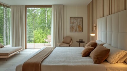 A cozy modern bedroom with off-white walls and honey-toned wooden wall panels