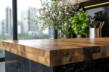 Warm wooden butcher block countertop stands in a modern kitchen with a city skyline view and floral accents.