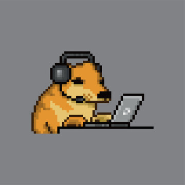 Dog working or playing on the computer, pixel art meme