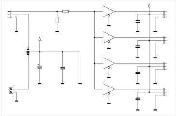 Schematic diagram of electronic device on white sheet of paper. Vector drawing electrical circuit with  
capacitor, resistor, operational amplifier or logic element of integrated circuit, other.