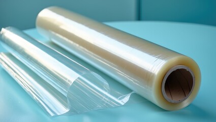 Roll of transparent food film for packaging products on the pastel blue surface.