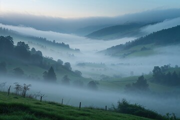 Obraz premium Misty Morning Fog Surrounding Tranquil Valley Landscape