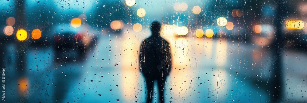 Aufkleber Melancholic raindrops on a window reflect a distant figure waiting with a sense of longing as soft blue and gray hues envelop the evening