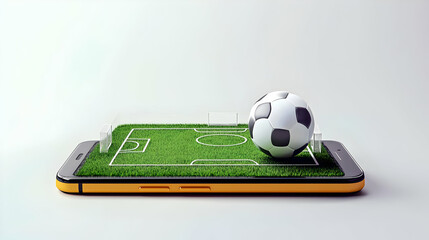 3D Rendered Soccer Ball On Green Field Displayed On Orange Mobile Phone For Online Streaming
