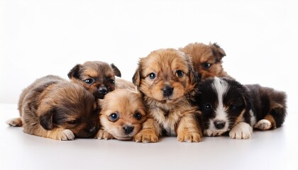 many little cute puppies lie on a white background