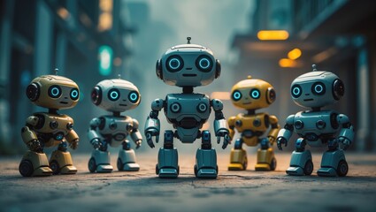 A collection of mini robots, cyborg characters, toys, or chatbot artificial intelligence technology serving as technical support assistants.