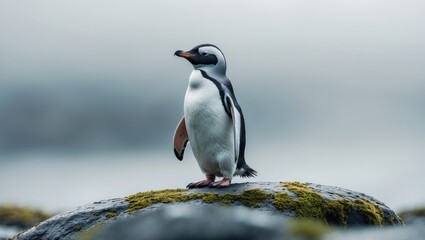 Fototapeta premium Selective focus image of a penguin perched on a rock.