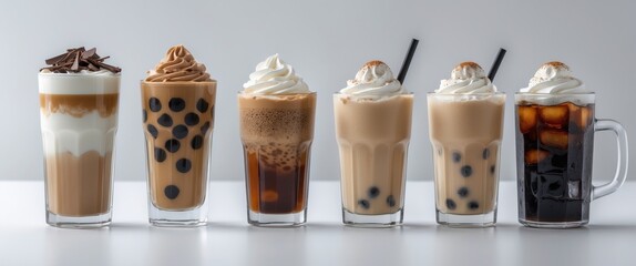 Collection of iced coffee drinks. Cold Coffee set, assortment.
