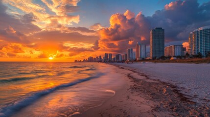 Obraz premium Vibrant Sunset Over Coastal City Beach