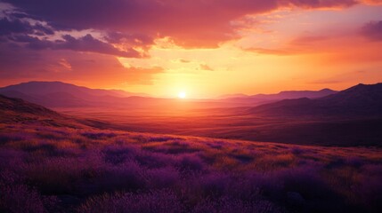 Obraz premium Vibrant Sunset Over Purple Flower Field and Rolling Hills