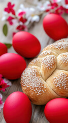 Obraz premium Orthodox easter celebration in greece with sweet braided bread and red eggs