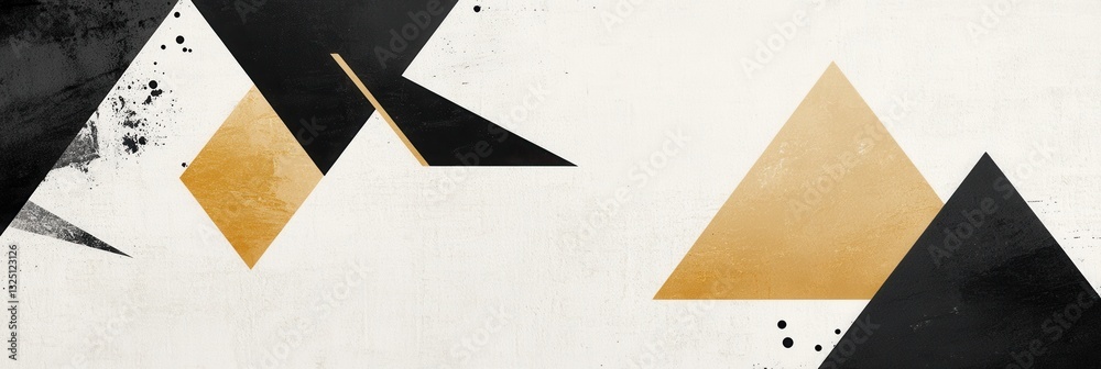 Poster modern minimalist design featuring overlapping geometric shapes in black, white, and gold against a 