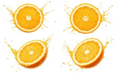 Fresh Orange Slices with Juice Splashes on White Background