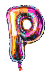 A metallic balloon in the shape of the letter 'P', with colorful reflections inside and a transparent background png