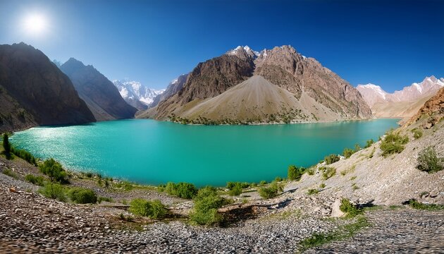 beautiful mountains summer landscape alaudin lake in fann mountains tajikistan turquoise clear water in mountain lakes in pamir alay - Powered by Adobe
