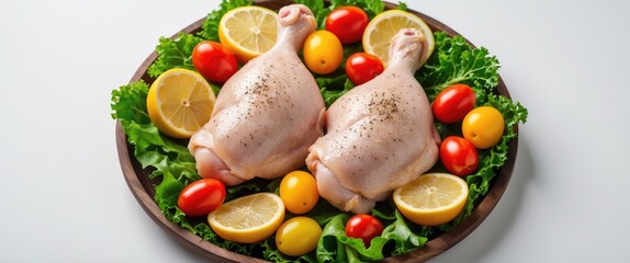 Raw chicken thighs accompanied by vegetables on a white background
