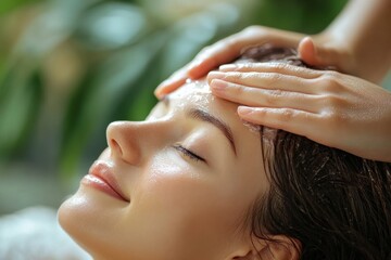 Woman enjoying a relaxing hair treatment at a spa with water droplets in an elegant setting during a serene moment of self-care