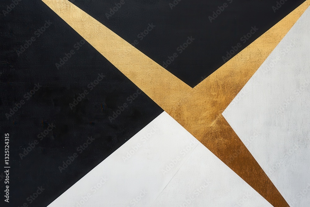 Poster exploring modern design with minimalist geometric shapes in a black, white, and gold aesthetic for a