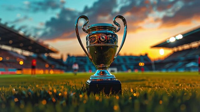This gleaming trophy rests on the grass as players prepare for an exciting football match at dusk.