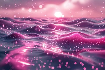 Obraz premium Fluid Dynamics Exploration of Surreal Pink Horizon with Dynamic Lighting and Flickering Particles