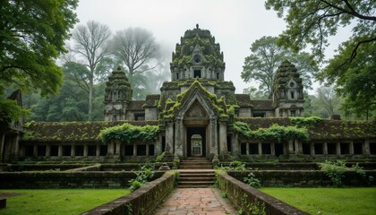 Obraz premium Ancient temple ruins surrounded by lush greenery and mist