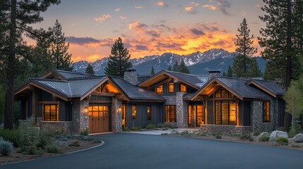 A luxurious home in Lake Tahoe, with a rustic blend of charcoal wood and light stone accents, sits elegantly among tall pine trees