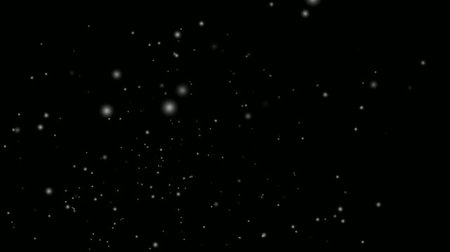 Realistically Animated Snow Particles On A Black Background. It's Like A Gathering Of Thousands Of Fireflies. Cold Particle Precipitation. Isolated falling snowfall on black chroma key Background.