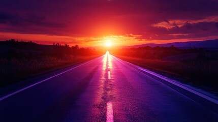 An illuminated road stretches towards the bright sunset horizon in nature