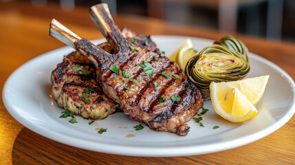 Easter cuisine close-up: grilled lamb with lemon and artichoke for festive dining