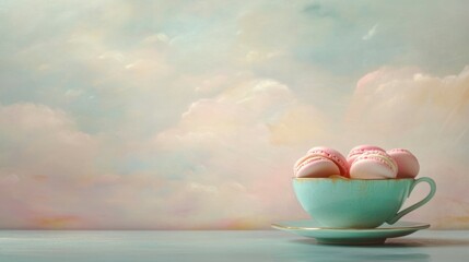 A pastel turquoise teacup filled with pink macarons, placed in front of a coordinating pastel backdrop. Theme: subtle elegance.