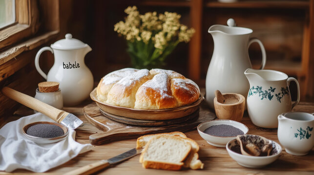 Traditional romanian babele dessert with rustic table setting and floral background