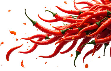 Falling bursting chili peppers on white background
