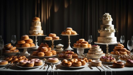 Arrange catering for a conference meeting and adorn a banquet table with a variety of pastries and baked goods.