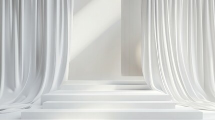 Obraz premium A minimalist stage with white steps and flowing curtains, ideal for presentations or events.