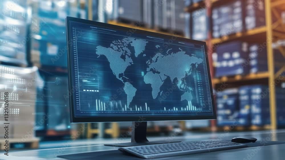 Poster futuristic software managing global logistics and distribution showing a world map with data and sta