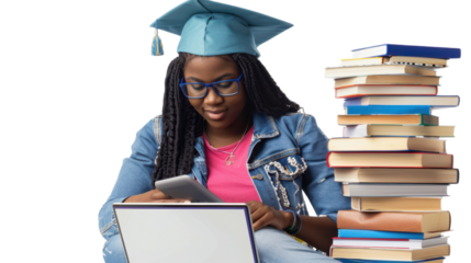 Graduate student using laptop and tablet with stack of books, transparent background