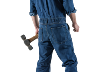 Man holding sledge hammer facing left back wearing blue overalls on a white background