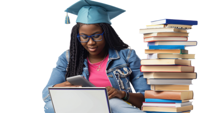 Graduate student using laptop and tablet with stack of books, transparent background