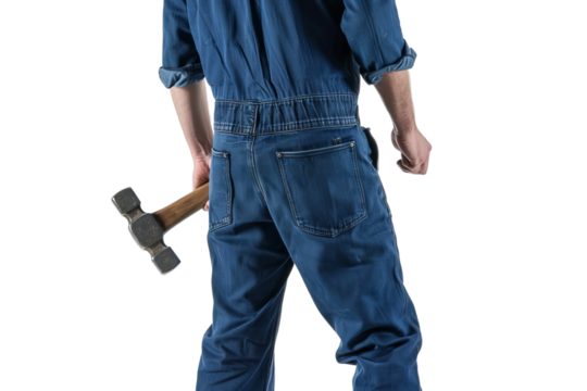 Man holding sledge hammer facing left back wearing blue overalls on a white background