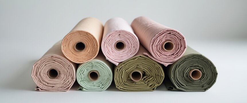 Pastel color fabric rolls placed separately on a white background.