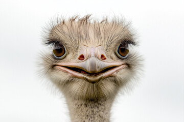 A smiling ostrich against a white  background with copy space