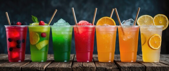 Set of summer lemonades in takeaway plastic cups, vibrant lemonade in transparent cup, lemonade to go cup featuring assorted fruit cocktails.