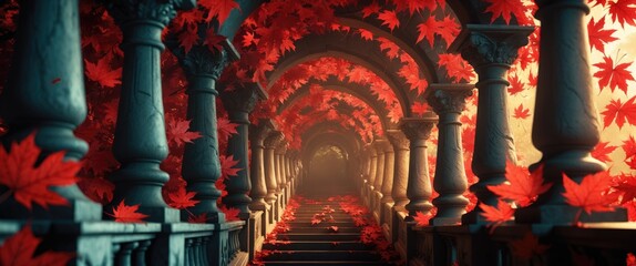 Fototapeta premium Red maple leaves adorn the pillars along the staircase.