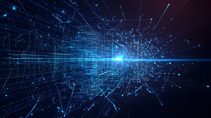 Abstract Futuristic Blue Digital Data Network Connection Visualization With Glowing Particles Lines And Grid On Dark Background Technology Innovation