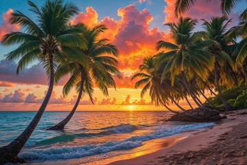 Fototapeta na wymiar Breathtaking Barbados Tropical Paradise with Beautiful Palm Trees and Vibrant Sunsets