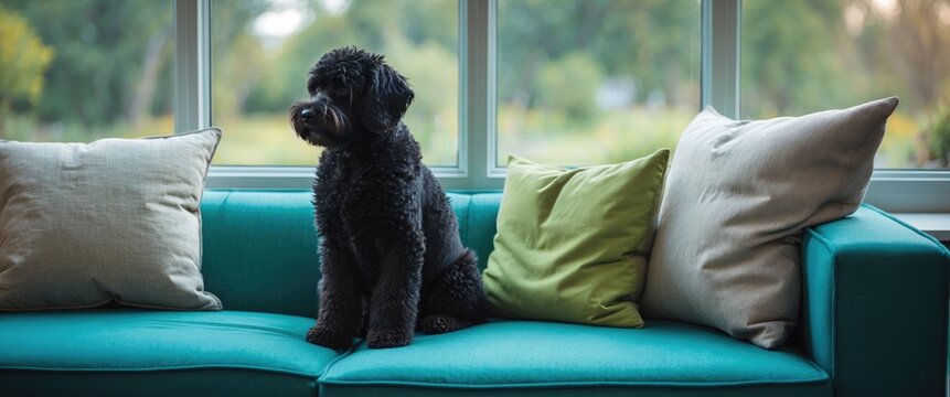 Sad Black dog sitting by the window, awaiting its owner's return home. I miss you concept.