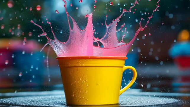 A bright yellow bucket splashes with colorful water, symbolizing the joy, energy, and playfulness of the Holi festival celebration. . High quality 4k footage