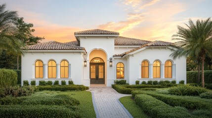 Obraz premium A Mediterranean-style home with smooth white stucco walls and a warm clay tile roof
